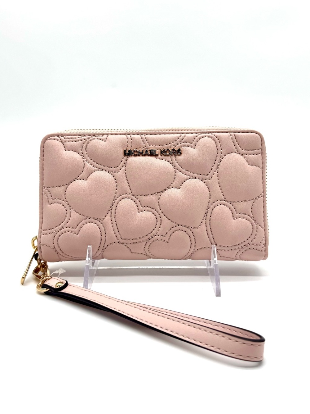 Michael Kors Large Quilted Heart Flat MF Phone Case Wallet Powder Blush